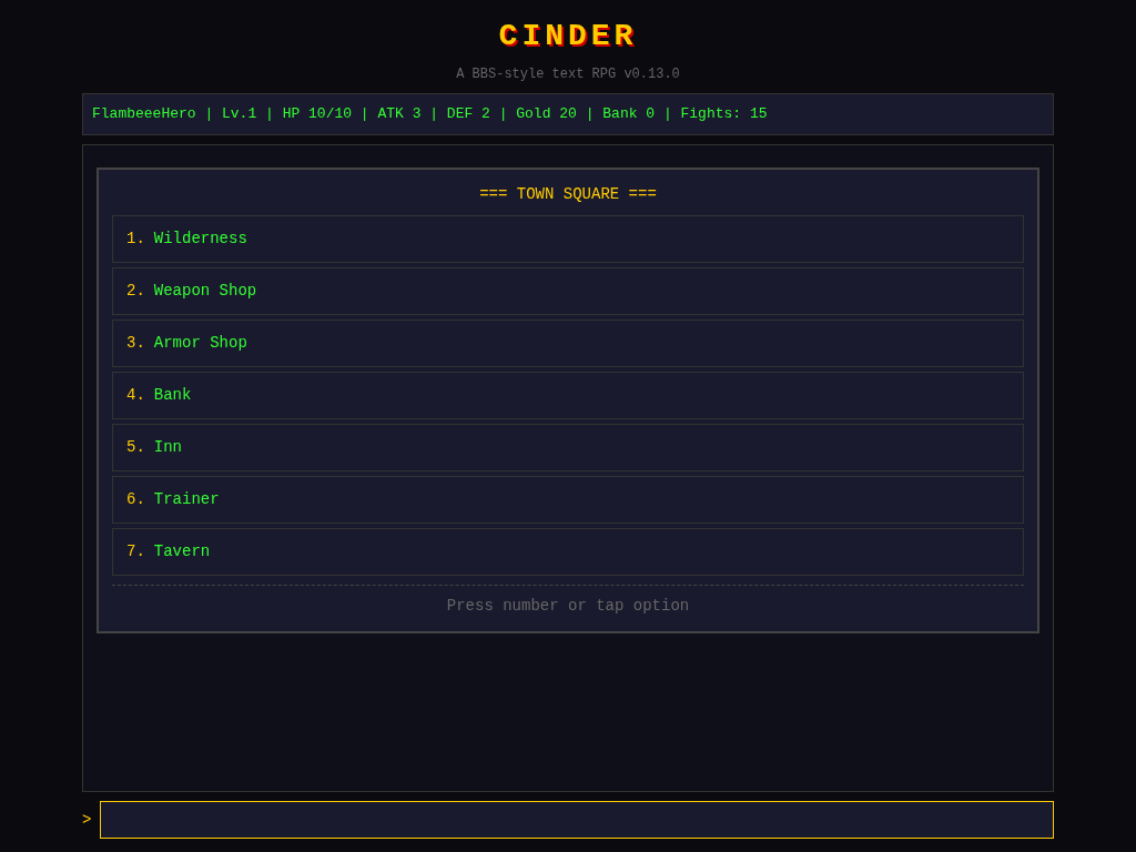 Cinder BBS-style text RPG terminal screen with ANSI-colored combat log