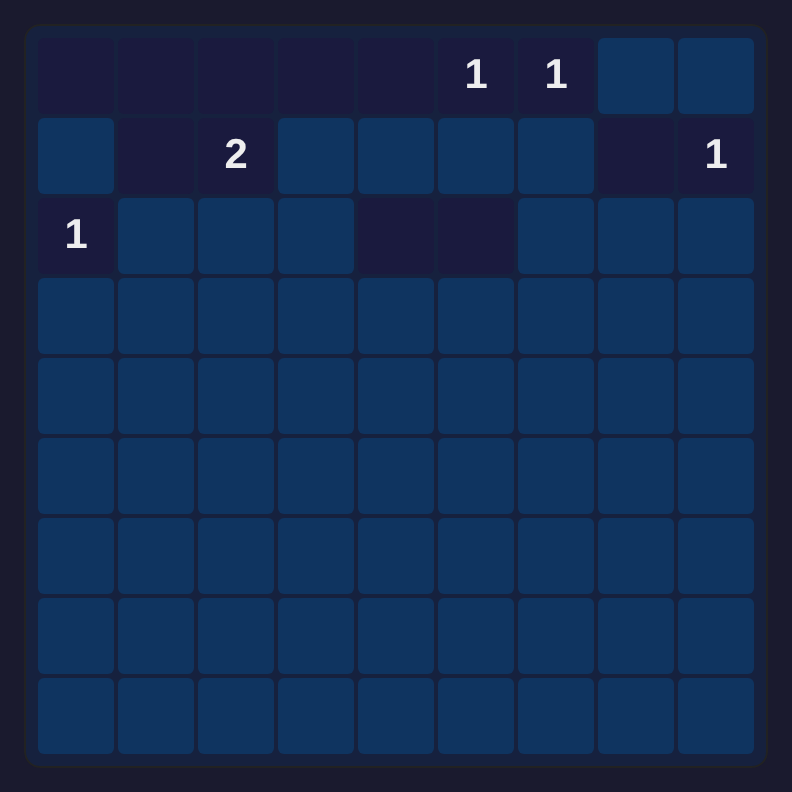 Minesweeper board with revealed cells and numbers